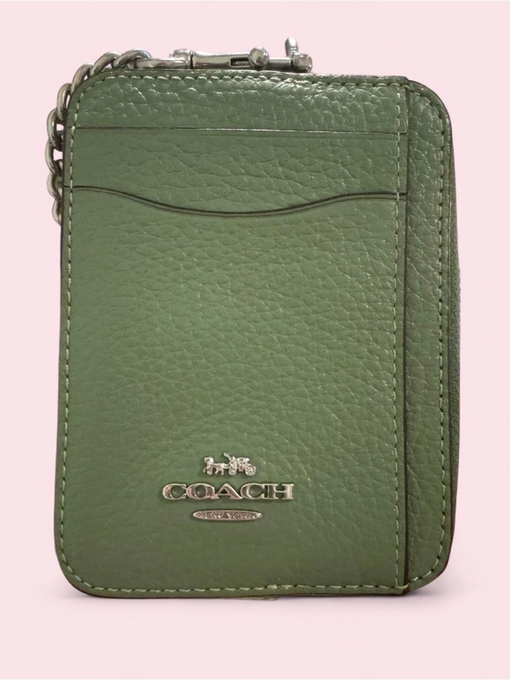 Coach Sage Green Leather Zip Card Case with Chain